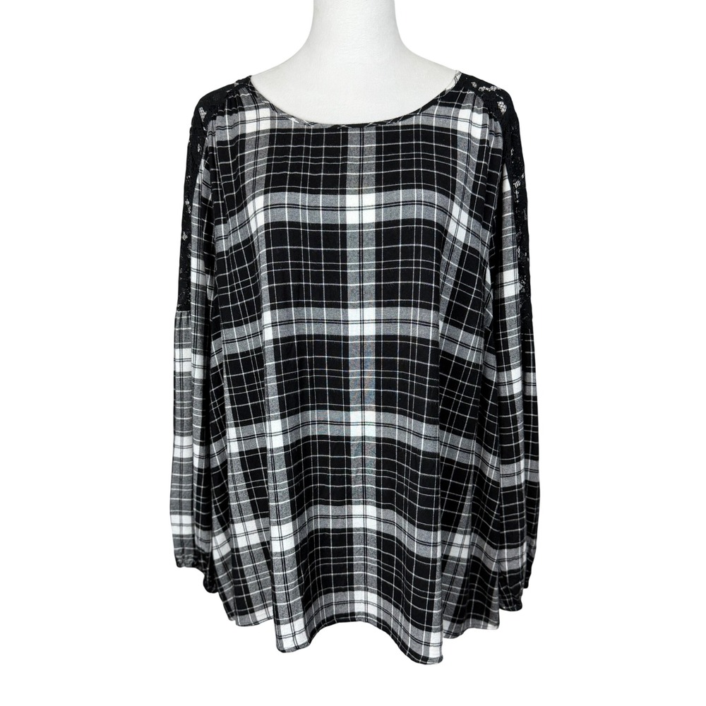 Lane Bryant Women Blouse 14/16 Black White Plaid Lace Shoulder Balloon Sleeve